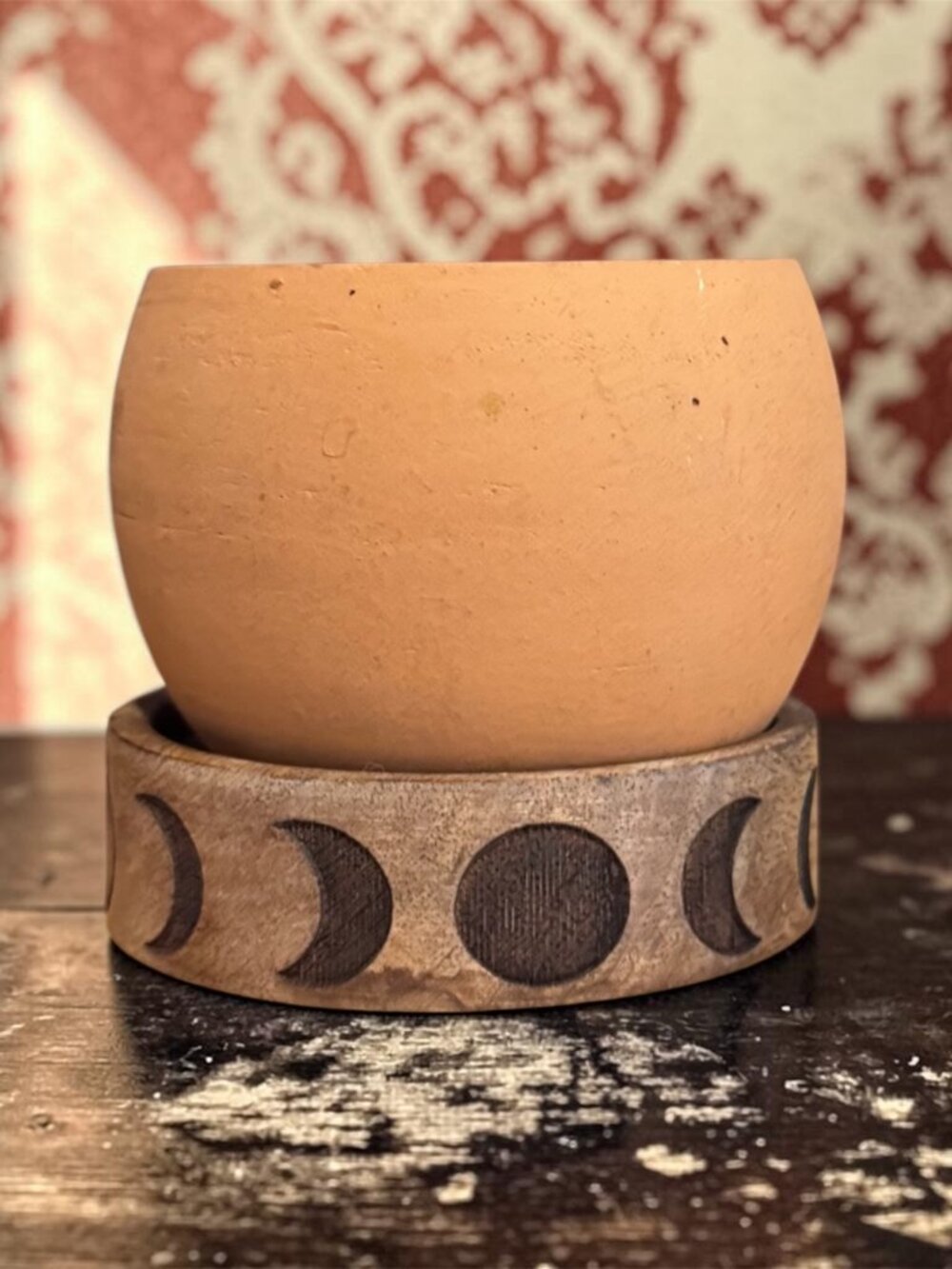 Terracotta Planter w/ Wooden Moon Base | Boho Plant Pot | Small Planter 3"
